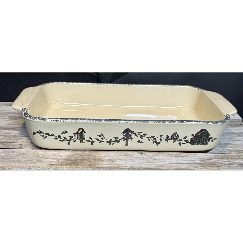 Vintage Home & Garden Party Birdhouse Baking Dish Beige Rectangle USA Ceramic